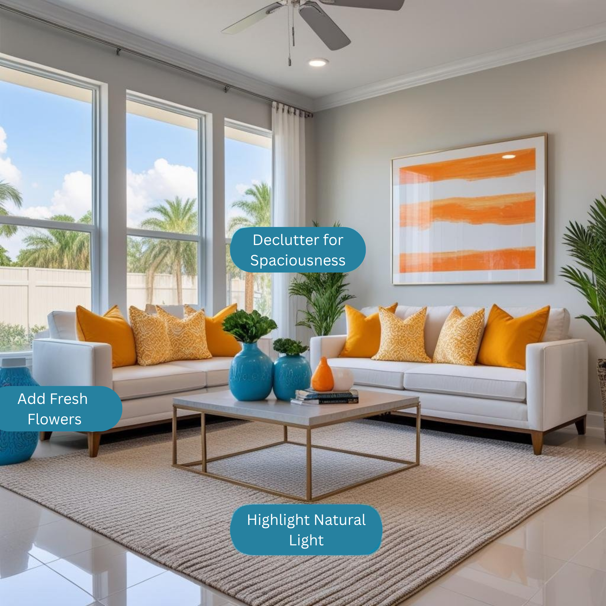 A welcoming image of a stylish Orlando home interior, demonstrating the appeal and market potential to prospective buyers, with callouts for home staging tips.