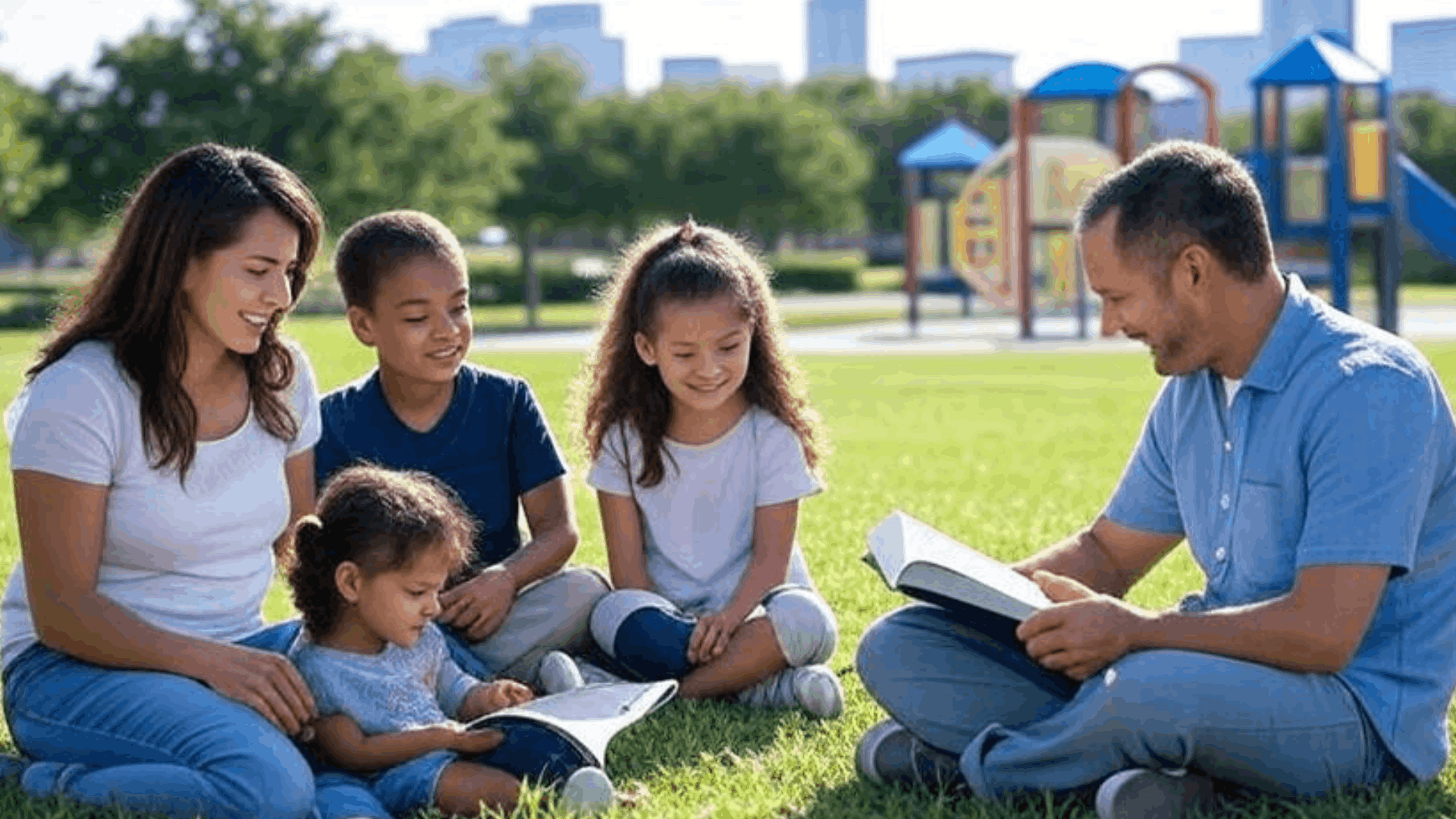 A family sitting in an Orlando park in their gated community