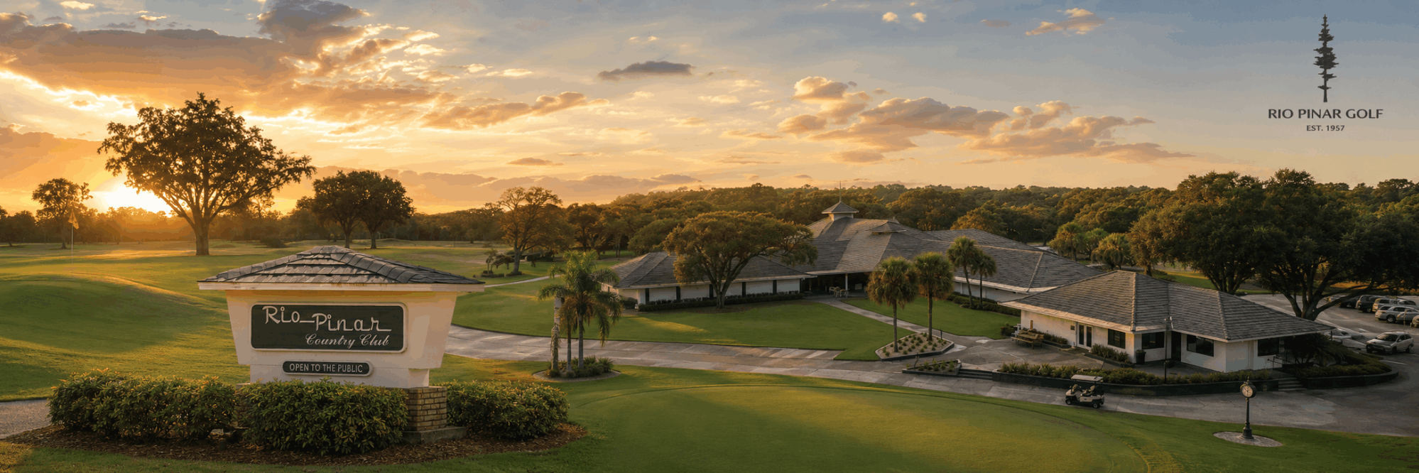 Composite image of the Rio Pinar Country Club monument and clubhouse with course in the background