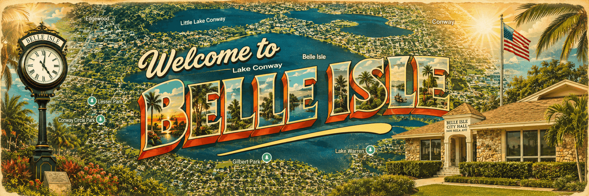 Community banner image saying "Welcome to Belle Isle" highlighting the city hall and a map of the area. 
