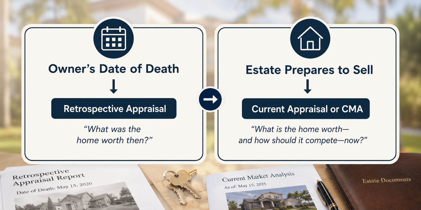 Timeline comparing a date-of-death appraisal with a current home valuation before an estate sale