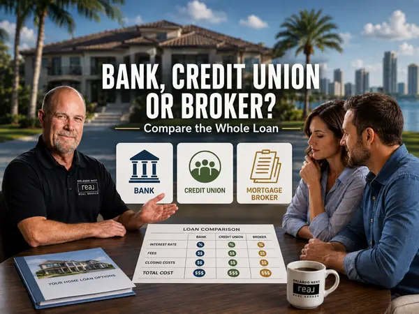 feature image of Bank vs. Credit Union vs. Mortgage Broker: Which Is Best for an Orlando Home Loan?