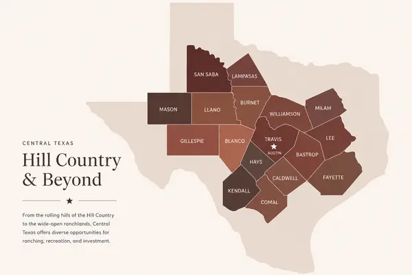 Bastrop, Blanco, Burnet, Caldwell, Comal, Fayette, Gillespie, Hays, Kendall, Lampasas, Lee, Llano, Mason, Milam, San Saba, Travis, Williamson, Bell, Kerr, and Bandera Counties.