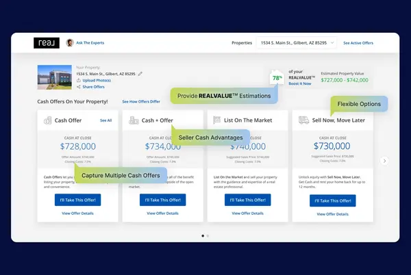 Cash offer dashboard comparing a cash offer, Cash Plus offer, listing on the market and Sell Now, Move Later for one home