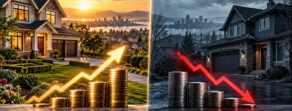 Split image of a bright home with a rising gold arrow and coin stacks beside a grey home with a falling red arrow