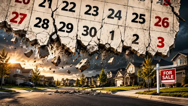 A torn calendar page over a suburban street with a for-sale sign at sunset