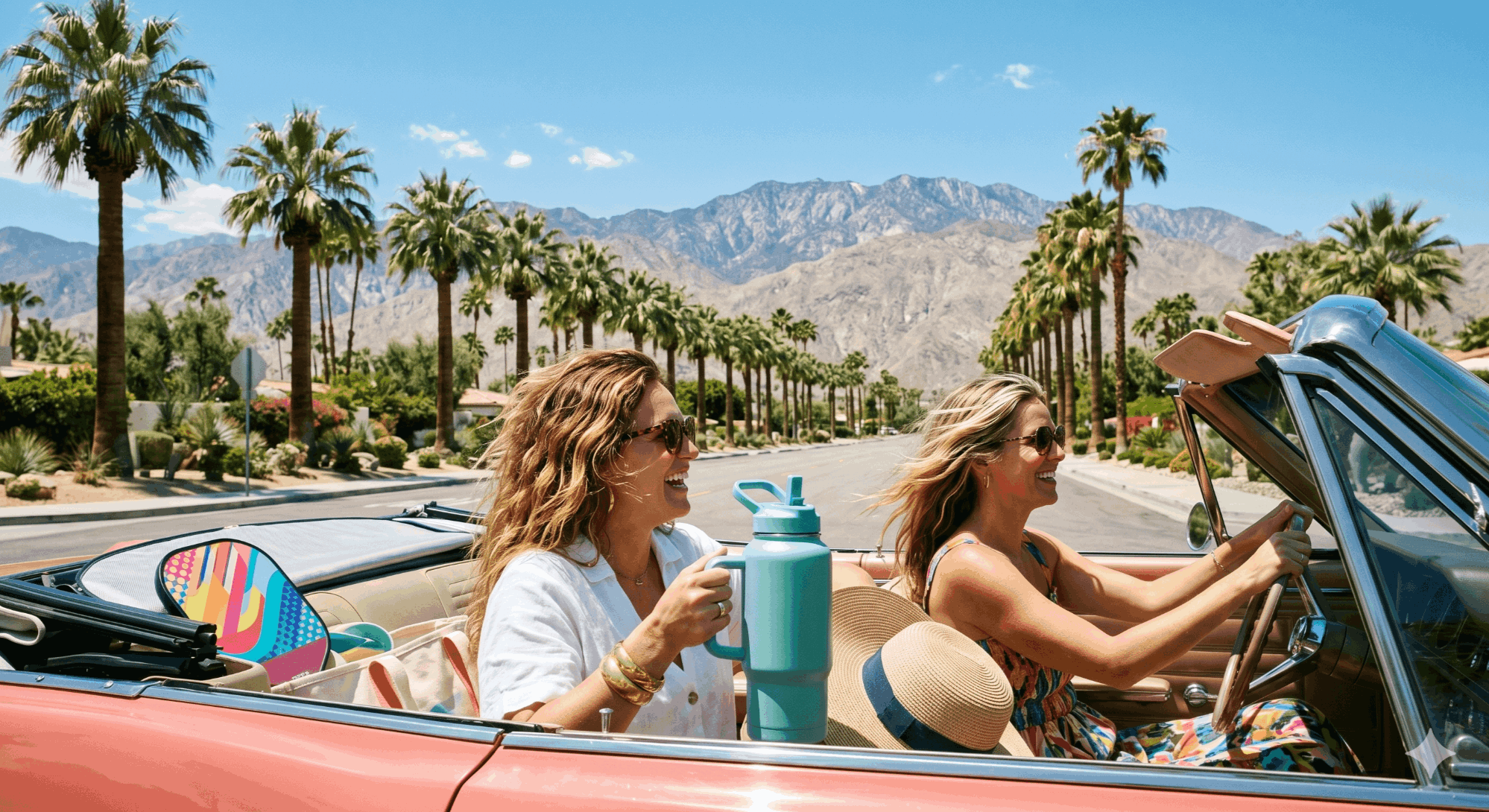 women in a car driving with top down in la quinta