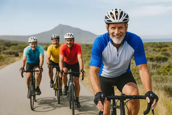 Group of men biking
