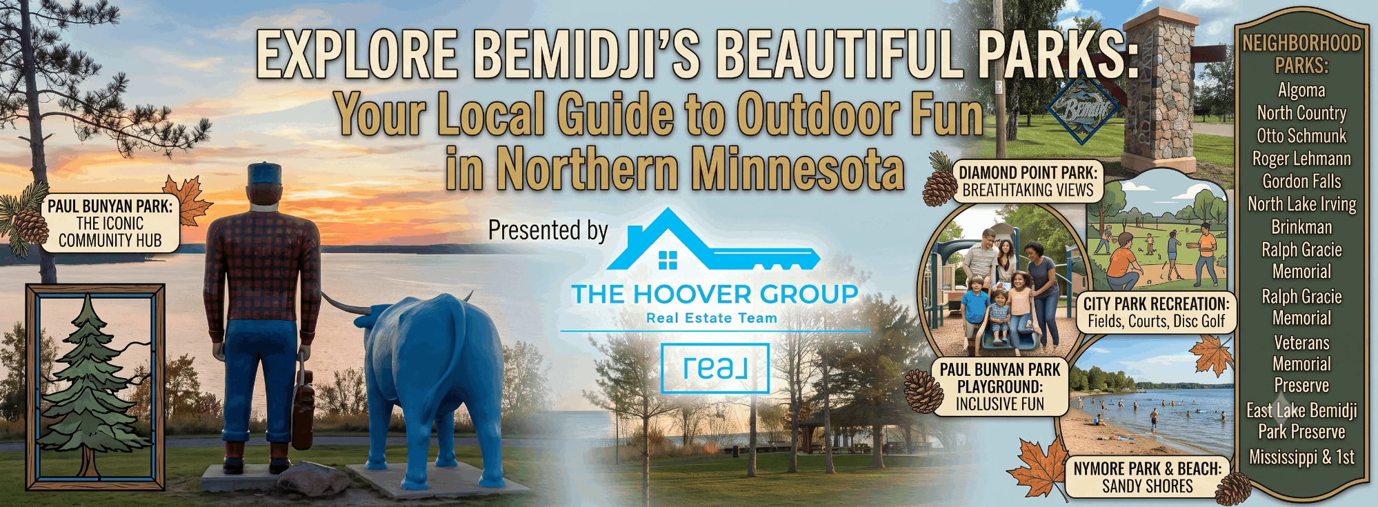 * Paul Bunyan statue: Paul Bunyan and Babe the Blue Ox at Paul Bunyan Park in Bemidji, Minnesota. * Diamond Point entrance: Entrance sign to Diamond Point Park along Lake Bemidji. * Diamond Point pavilion: Diamond Point Park pavilion overlooking Lake Bemidji. * Diamond Point shoreline: Walking paths and lakeshore at Diamond Point Park in Bemidji. * Sunset photo: Sunset over Lake Bemidji from Diamond Point Park. * Veterans display: Veterans memorial display near Paul Bunyan Park in Bemidji. * Family selfie: Family visiting the iconic Babe the Blue Ox statue in Bemidji, Minnesota.