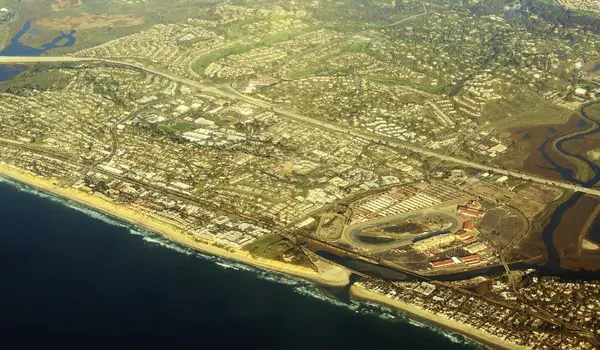 Aerial view of Del Mar showing the fairgrounds, San Dieguito River mouth and North Bluff