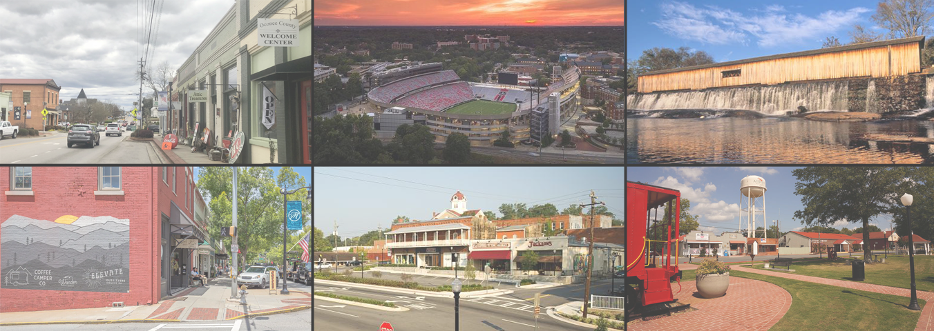 Collage header image featuring landmark scenes from (downtown) Watkinsville, Athens (Sanford Stadium), Comer (Watson Mill Bridge), Monroe (downtown mural), Jefferson (historic town square), and Auburn (rail car park and water tower), representing top cities served by Timothy Carithers—Greater Athens area real estate agent specializing in local home buying and selling across northeast Georgia.