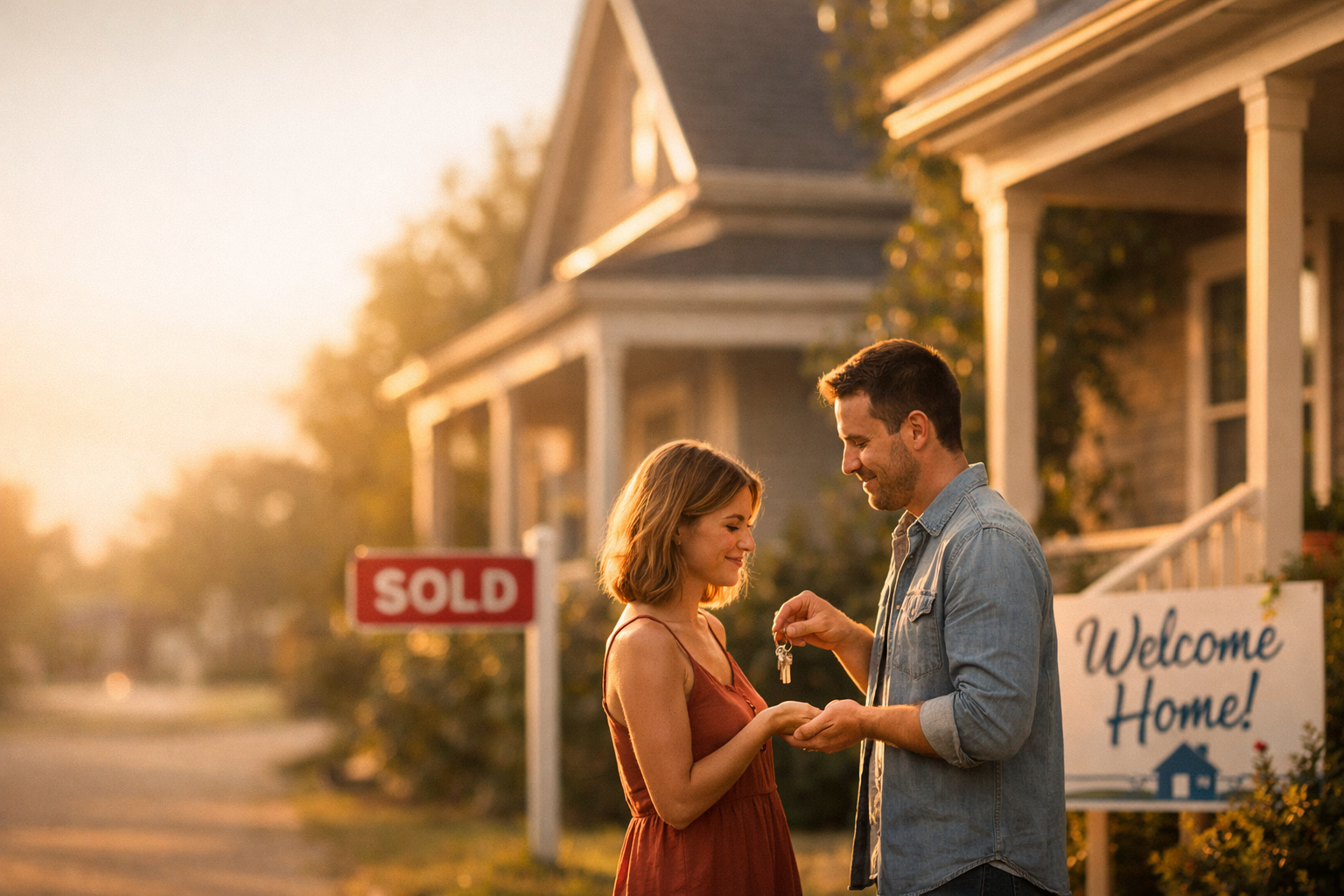 Couple receiving house keys after simultaneous home sale and purchase in Athens Georgia