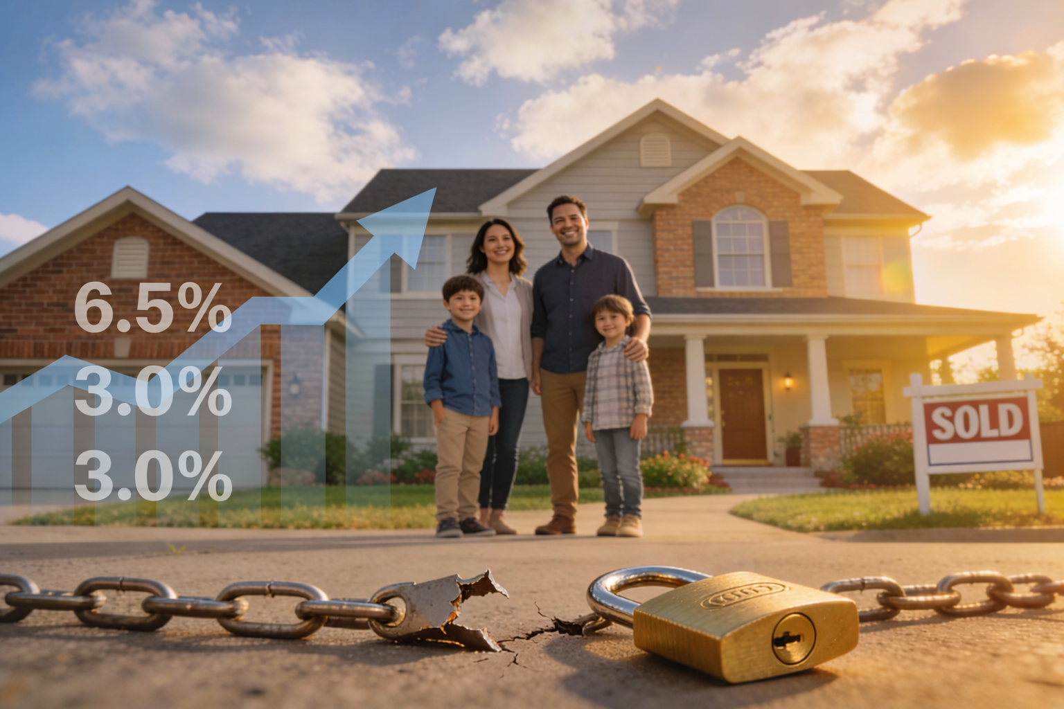 Family celebrating home purchase breaking free from mortgage rate lock-in effect with broken chain in Greater Athens Georgia
