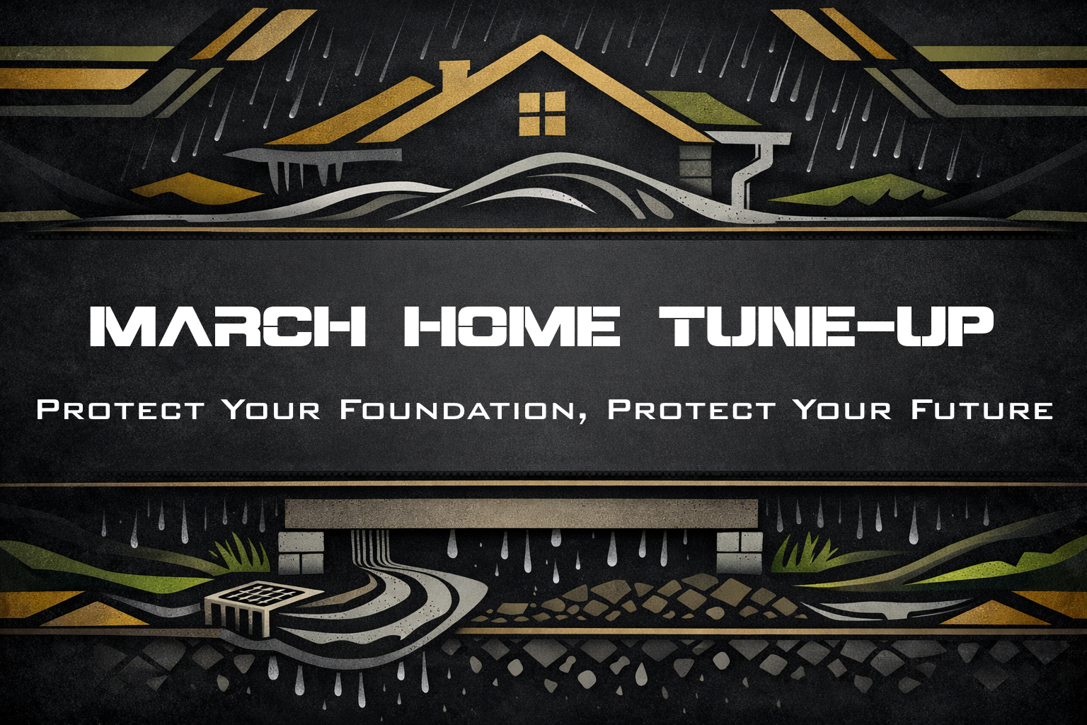 March home maintenance tune‑up graphic showing house in heavy rain with drainage and foundation protection and the text ‘March Home Tune‑Up – Protect Your Foundation, Protect Your Future’ for Watkinsville, Walton, Barrow, and Gwinnett homeowners.