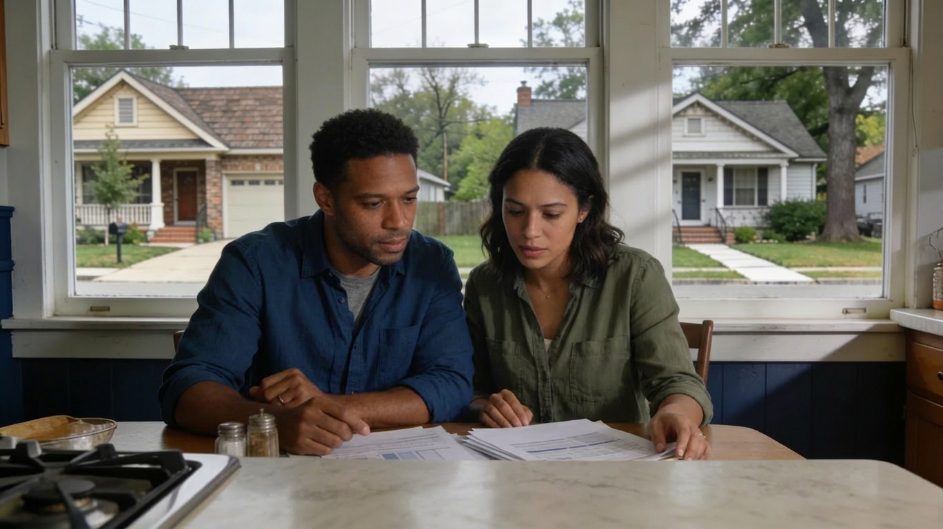 First-time homebuyer couple reviewing mortgage numbers at a kitchen table with starter homes visible through the window, illustrating Barrow County affordability in 2026