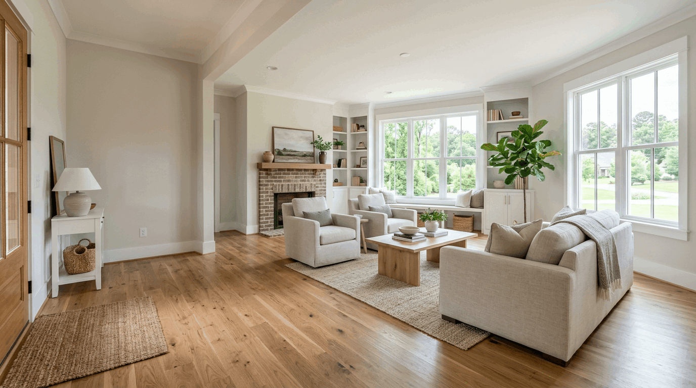 Bright neutral living room staged for sale with large windows, wood floors, and light furniture in an Oconee County Georgia home.