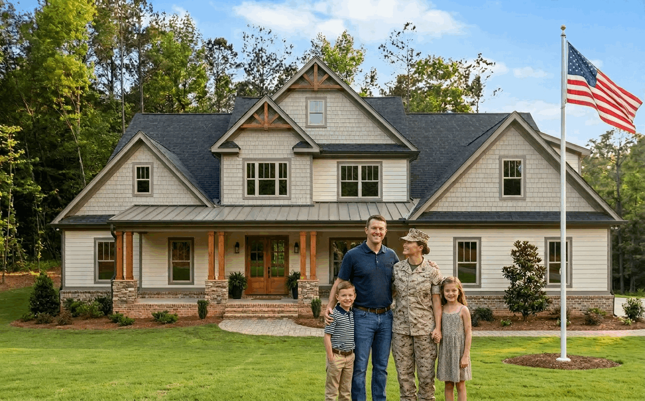 Smiling military family with two children standing in front of their new suburban home with American flag in Walton County Georgia
