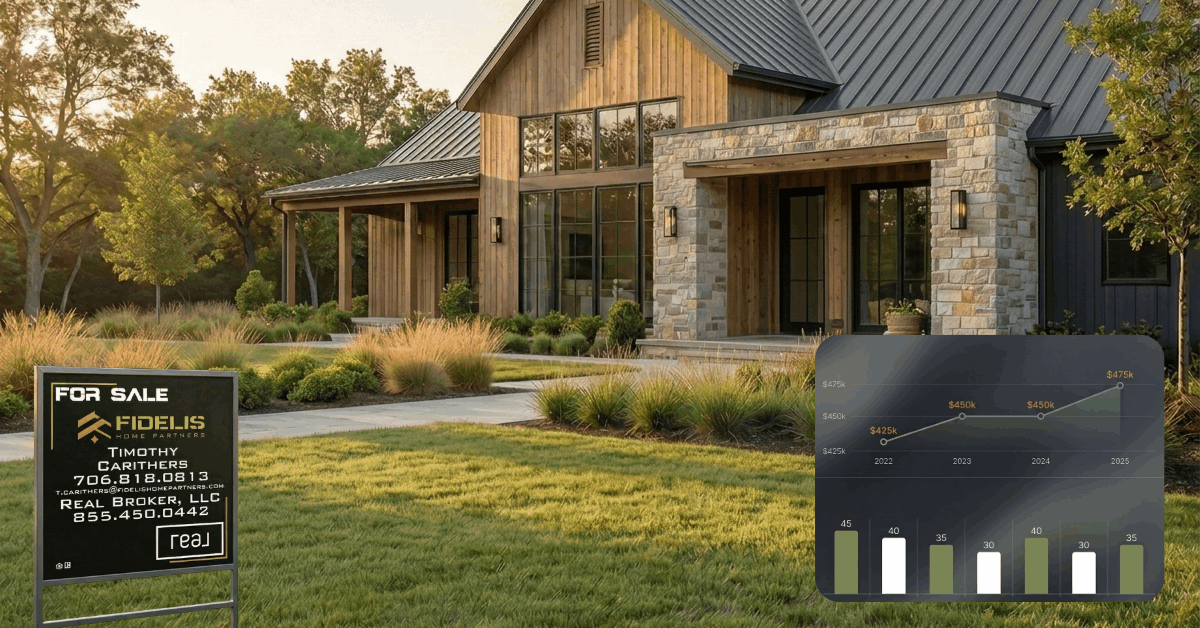 Modern farmhouse in Watkinsville GA with Fidelis Home Partners for sale sign and pricing trends chart showing rising home values.