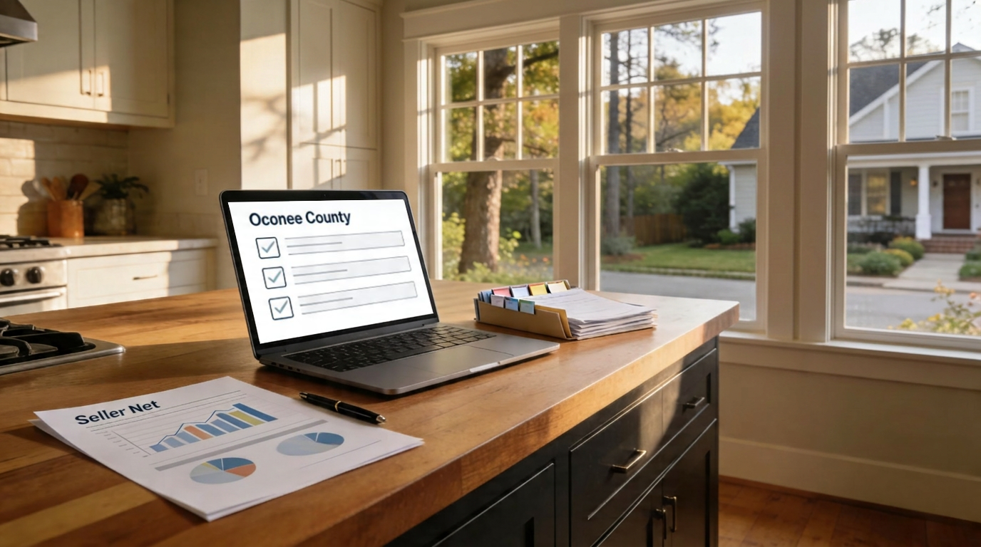 Open Oconee County kitchen with laptop showing local market checklist and seller net sheet on counter, looking out to suburban home through large windows.