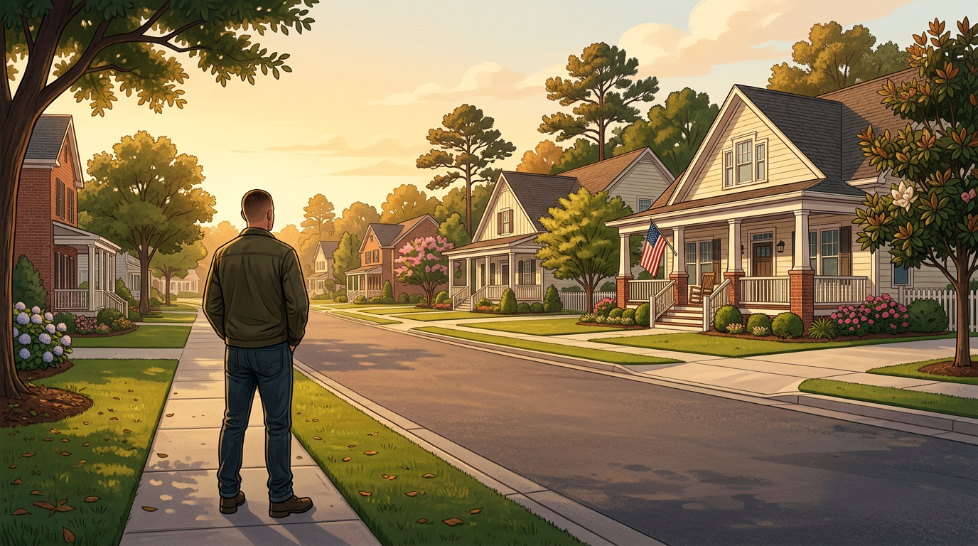 Veteran standing on a quiet Walton County neighborhood street at sunset, looking toward well-kept Southern-style homes with American flags and front porches, symbolizing VA loan homeownership opportunities in 2026