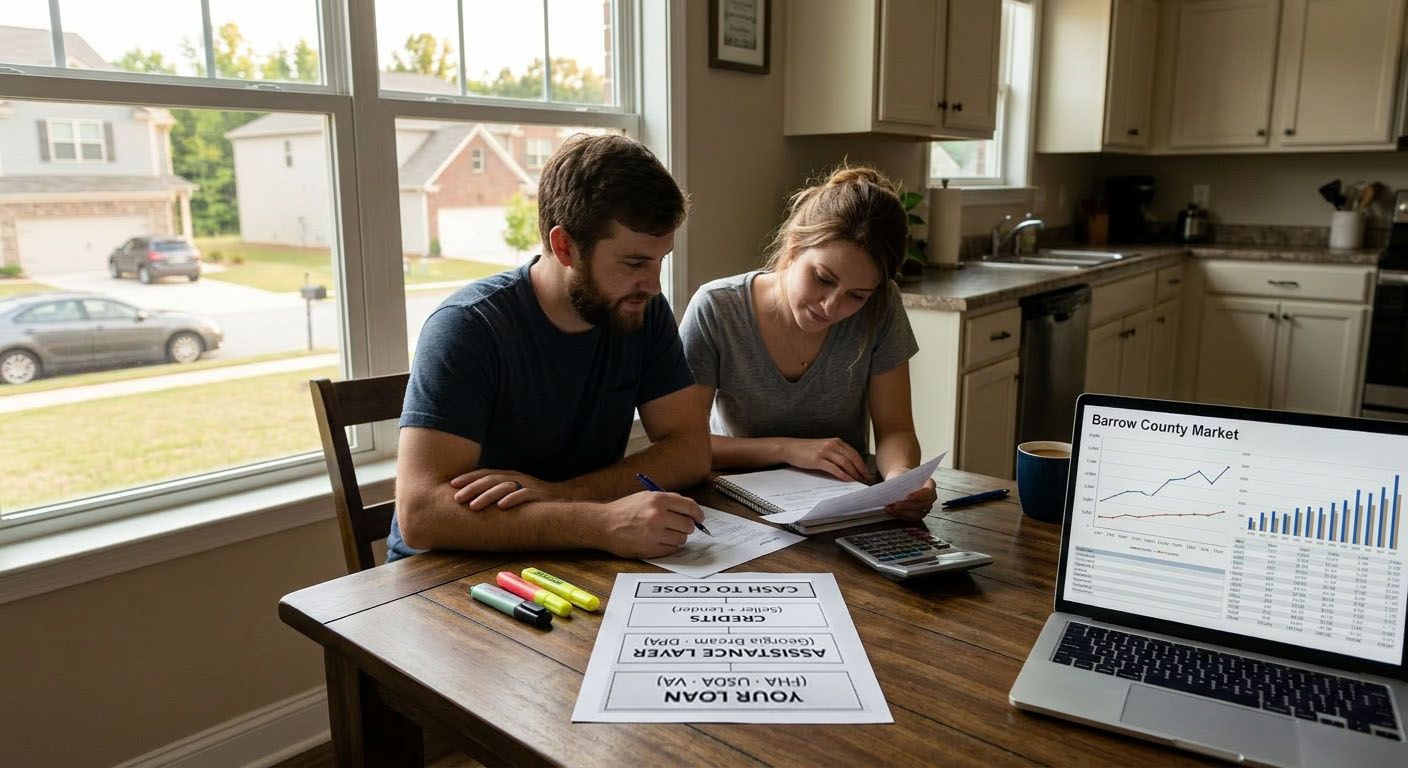 First time homebuyer couple in Barrow County reviewing a down payment assistance cash to close plan at their kitchen table with Barrow market charts on a laptop