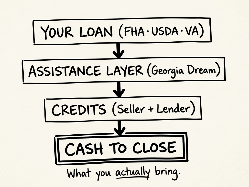 Simple flowchart showing a Barrow County first-time buyer money stack with your loan, Georgia Dream assistance, seller and lender credits, and final cash to close