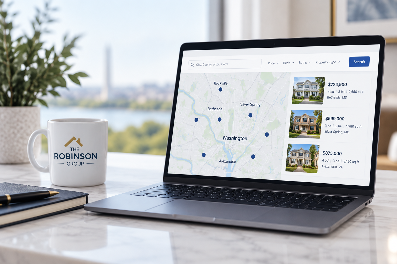 Maryland and DC real estate market snapshot displayed on a laptop with local home listings and market data