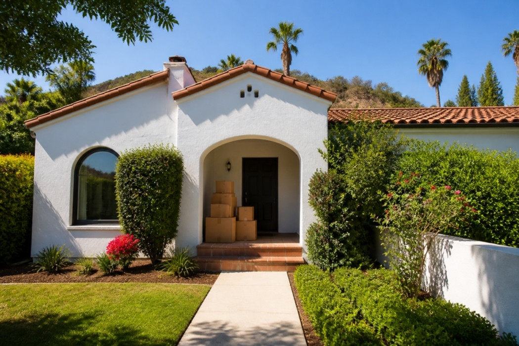 White Spanish style Southern California home with moving boxes stacked on the front porch