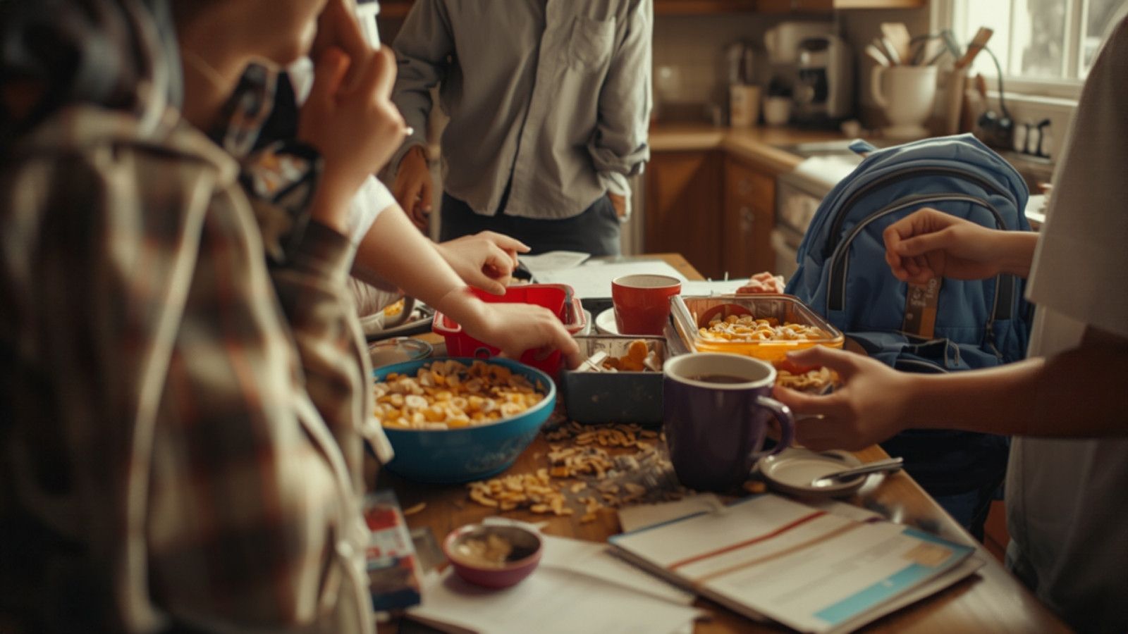 Family hands reaching across a crowded kitchen island during a busy morning