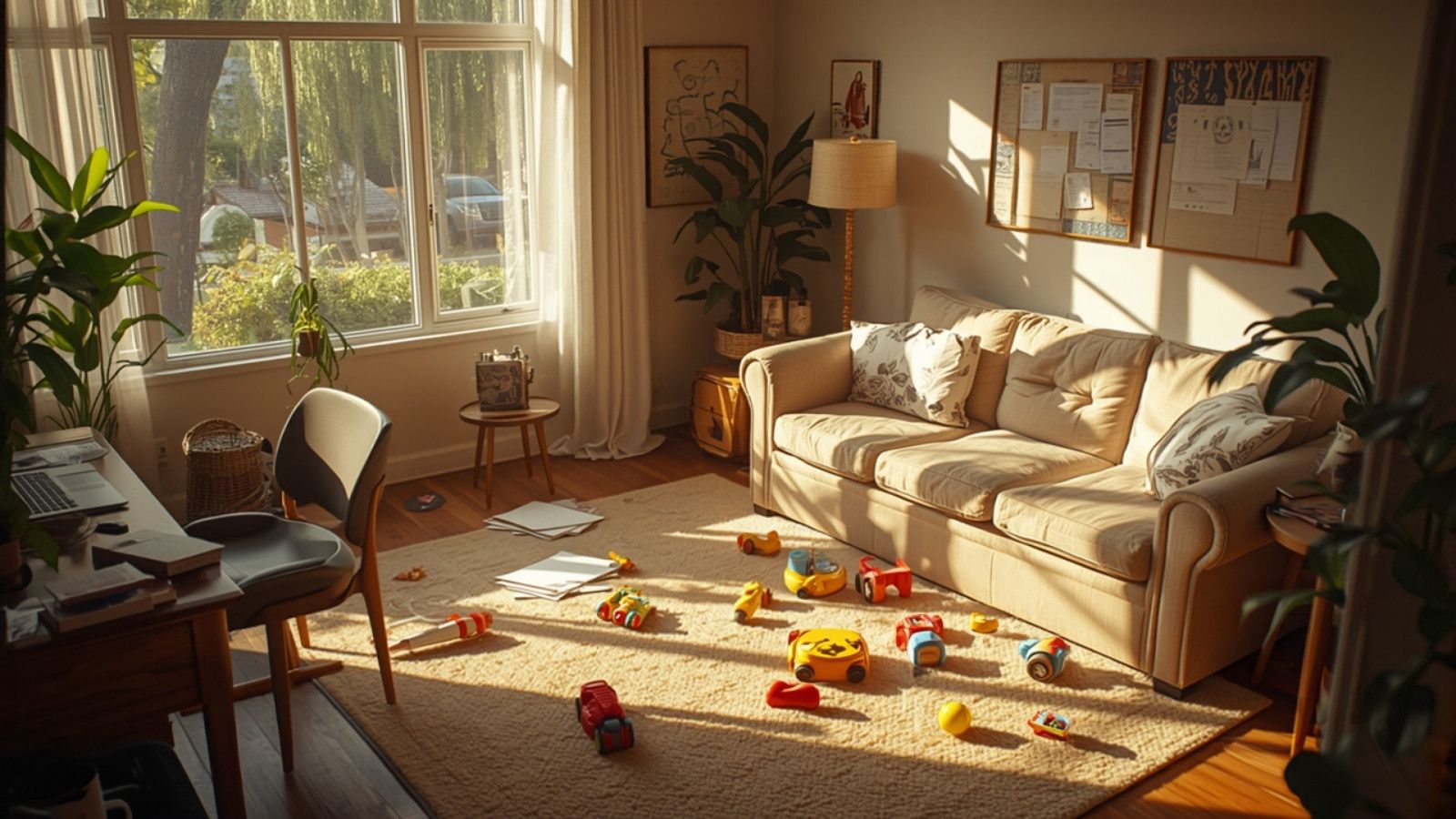 Living room doubling as a home office and playroom