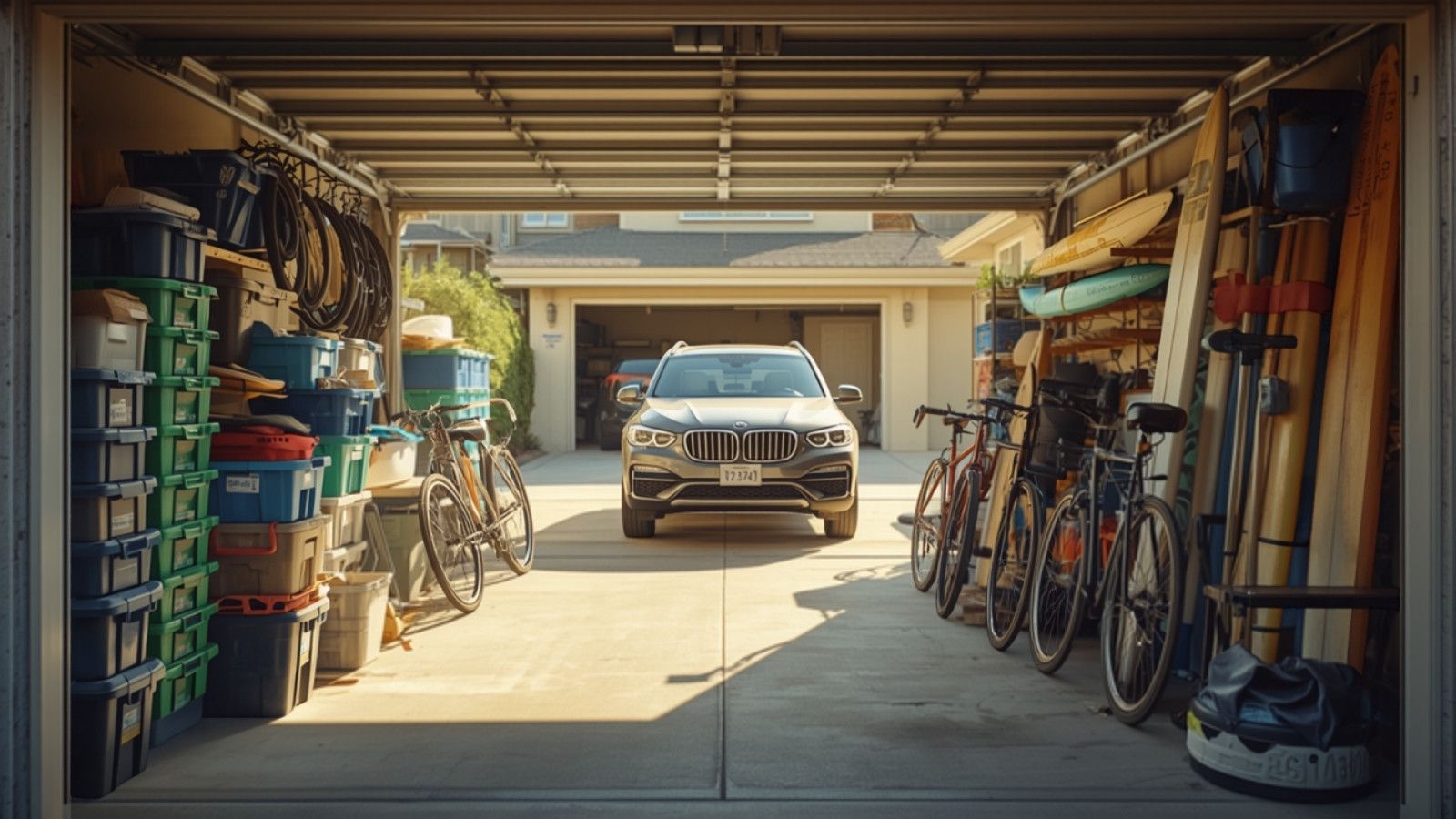 Packed garage with surfboards and the car parked in the driveway