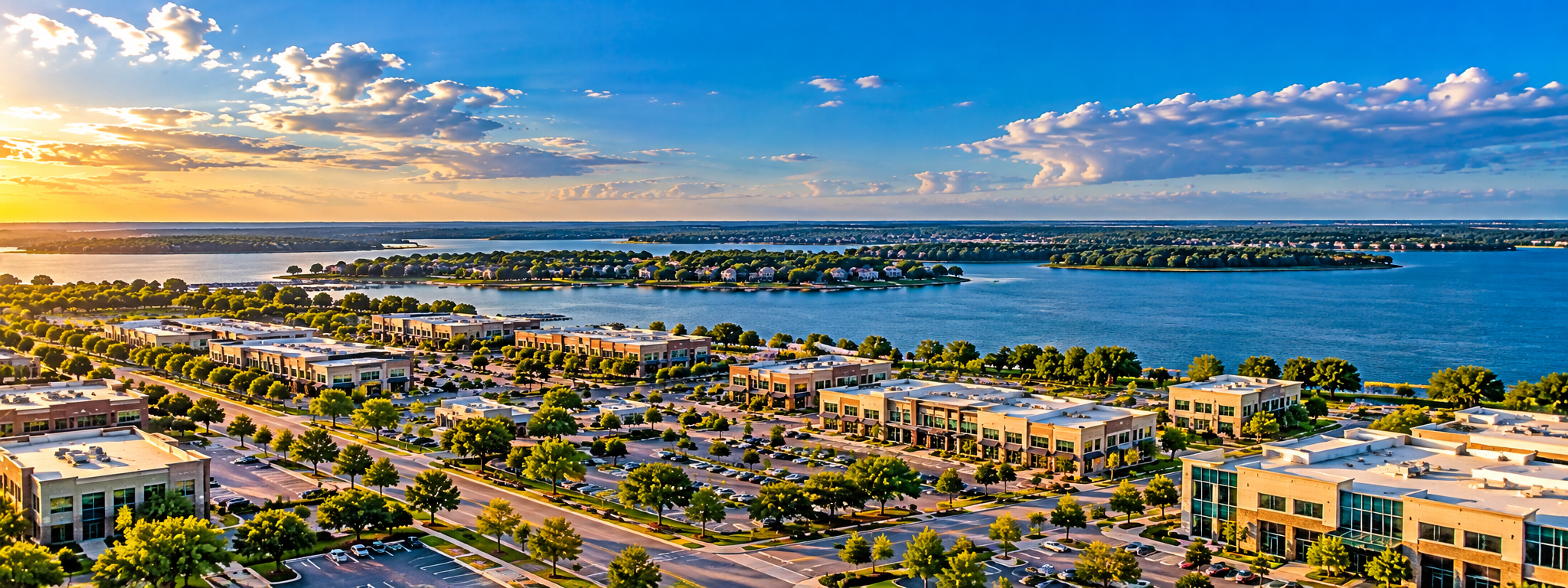 Golden-Hour Lakeside Business District