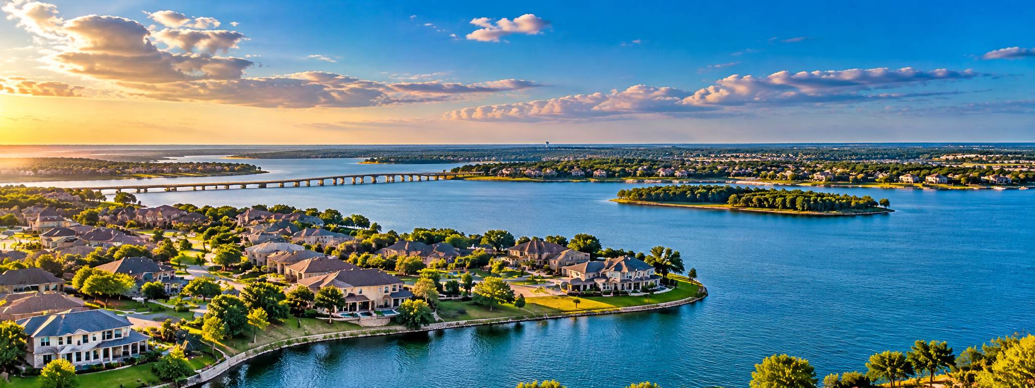 Golden-Hour Lakeside Suburban Panorama