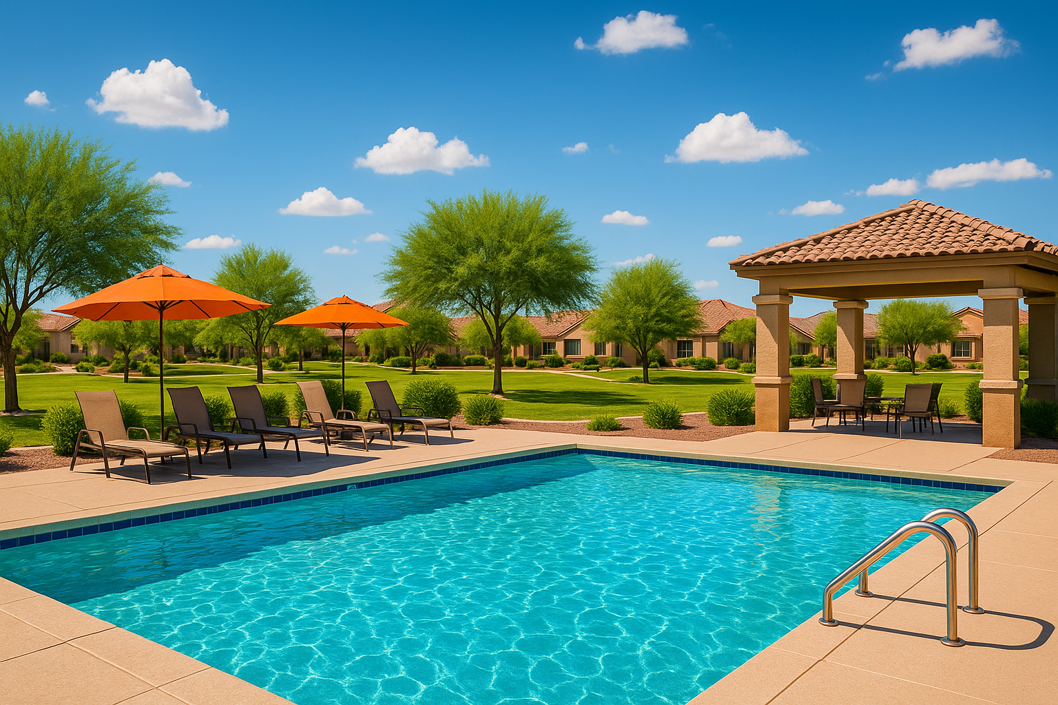 Community pool and greenbelt in a Maricopa HOA neighborhood