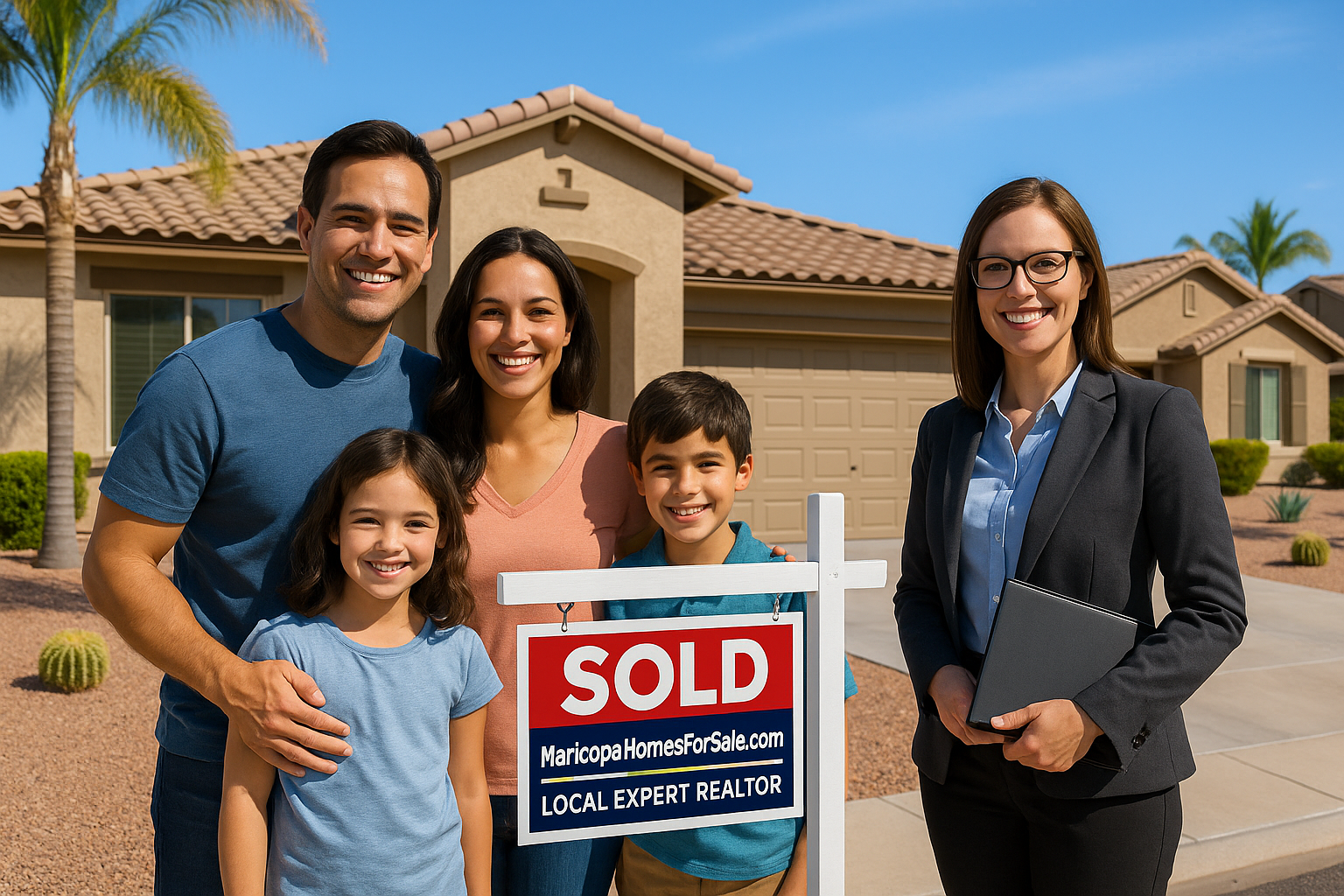Happy family outside a Maricopa, AZ home with a SOLD sign and a local expert agent from MaricopaHomesForSale.com