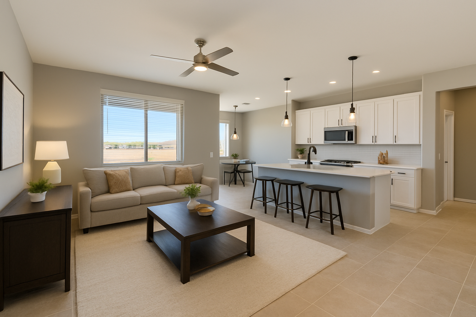 Open-concept living room in a new construction home in Maricopa, Arizona with modern finishes