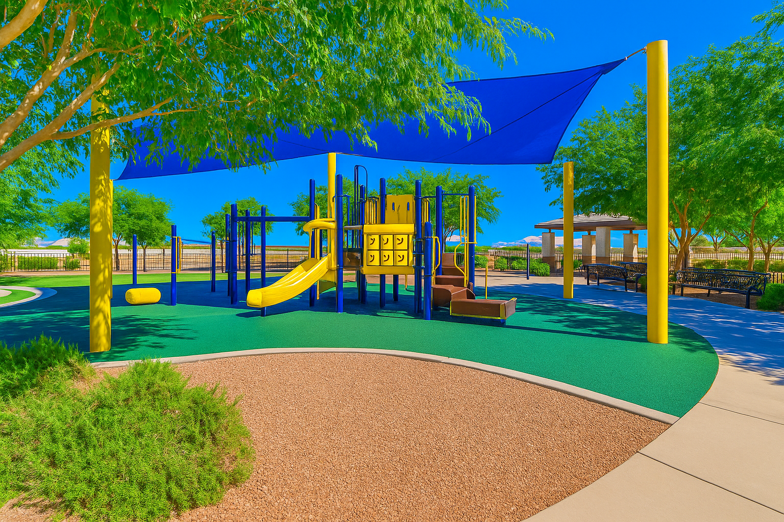 Homestead Maricopa family park with shaded playground and open grass areas