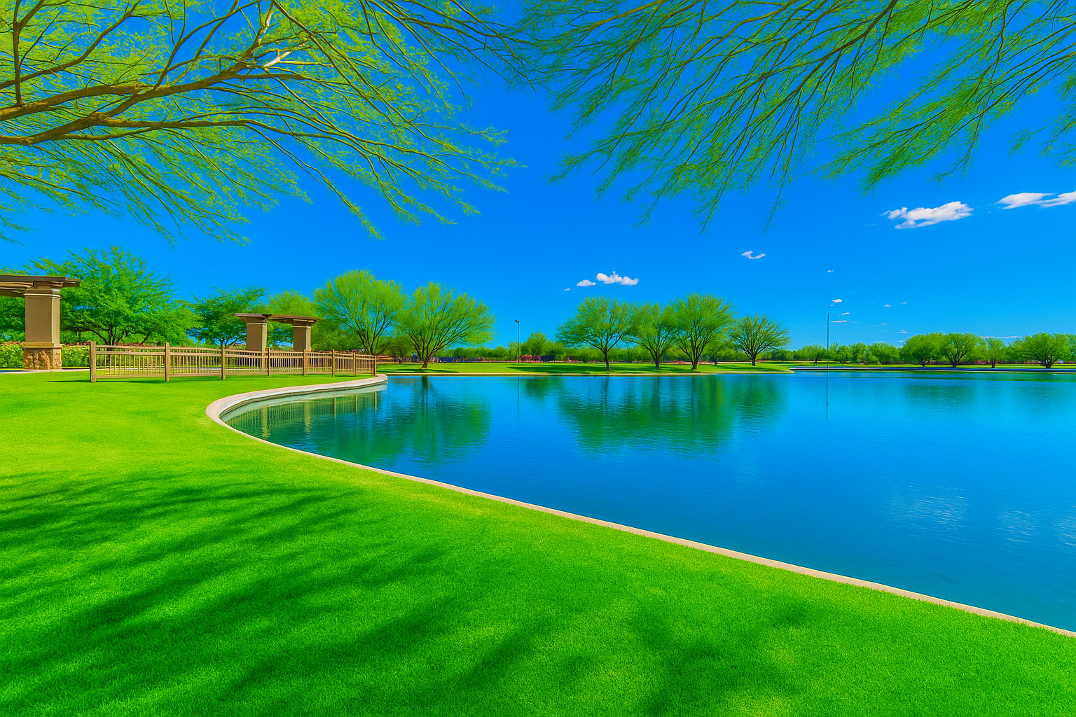Homestead community lake with walking path and families enjoying sunset views