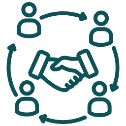Teal line icon of people and handshaking arrows representing a dedicated coordinator with online portal updates.