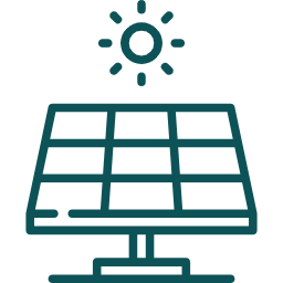 Teal line icon of solar panels with a sun representing future solar-ready homes.