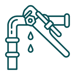 Teal line icon of a wrench and water droplet representing reduced maintenance.