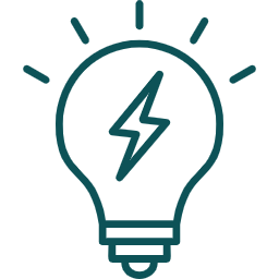Teal line icon of a light bulb with a lightning bolt symbolizing energy-efficient designs.