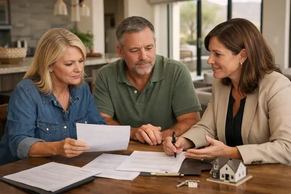 Family reviewing estate paperwork with a real estate professional during a probate property sale in Arizona