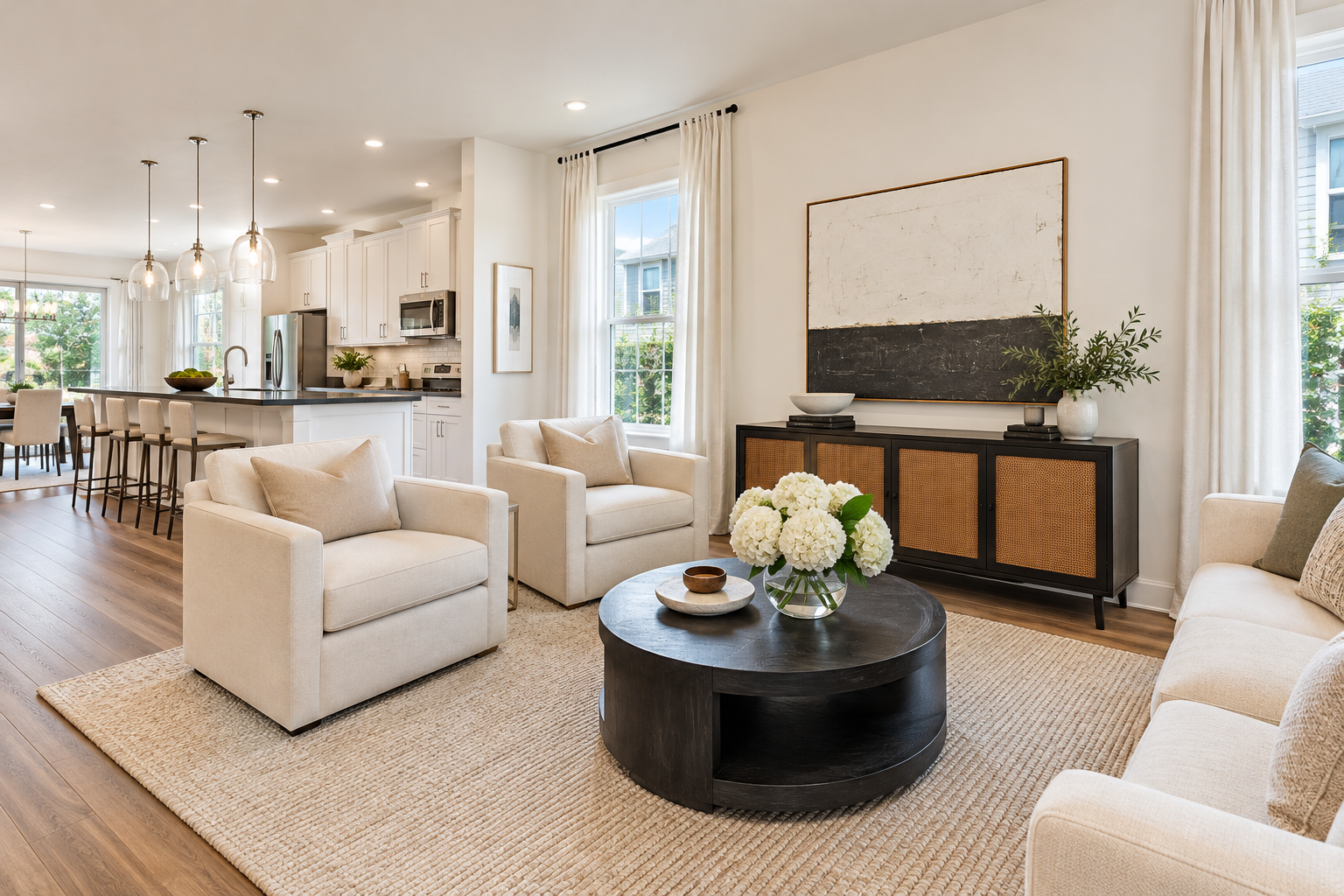 Open-concept living room and kitchen in a bright, comfortable home