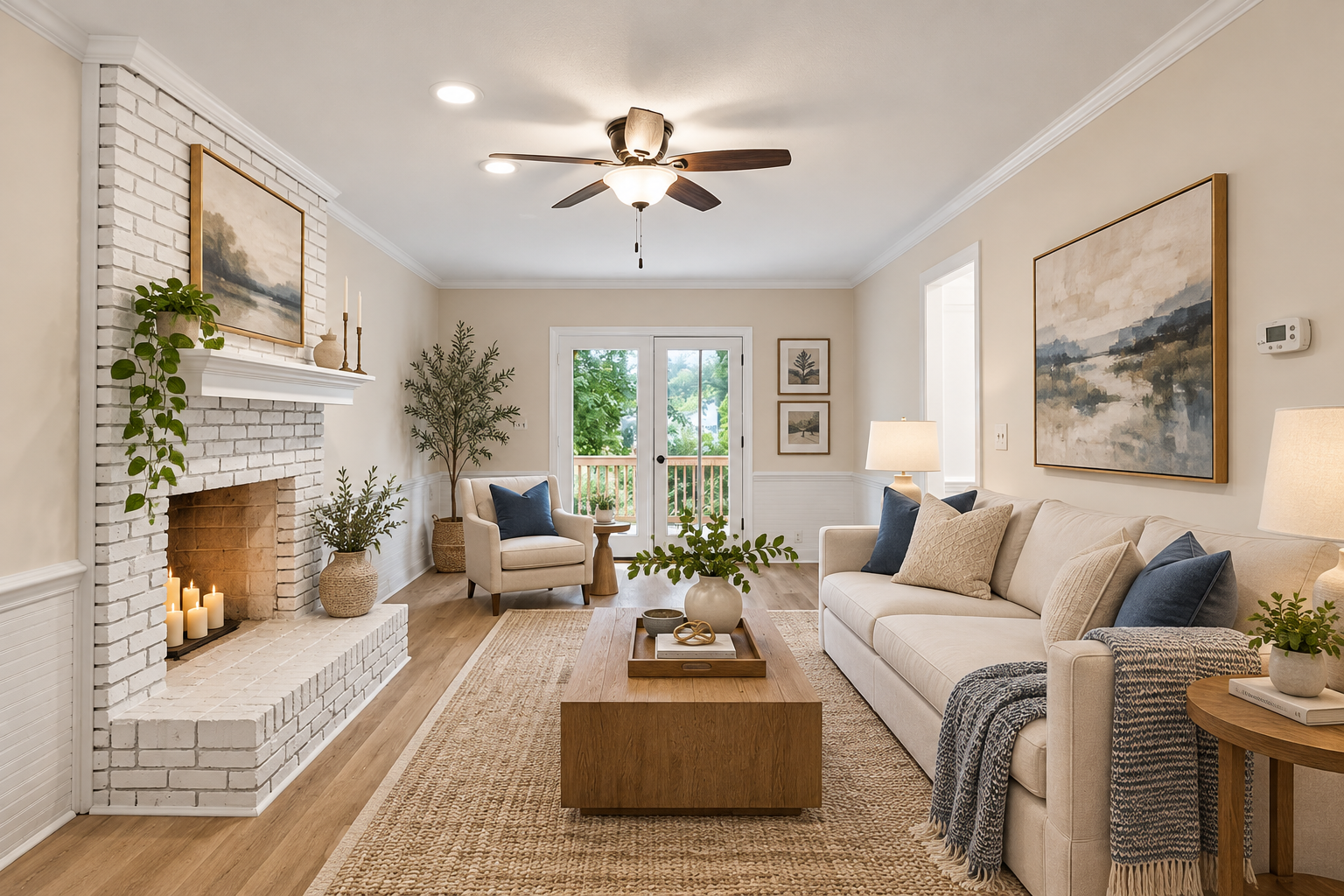 Bright, comfortable living room with a white brick fireplace in a well-kept home