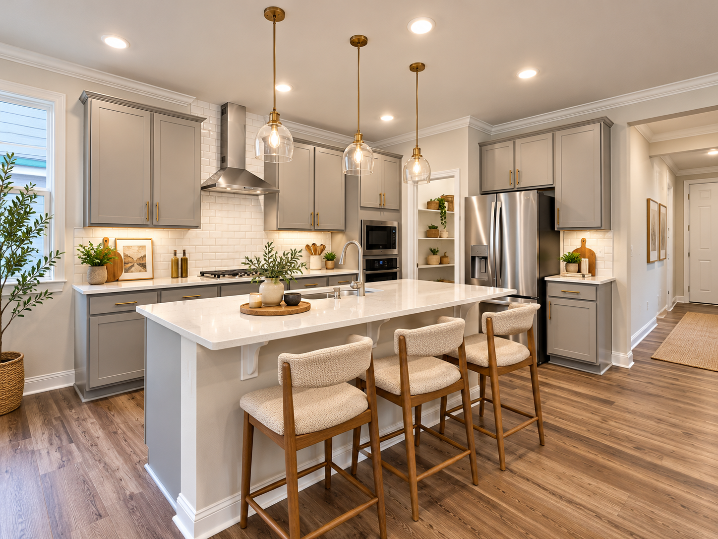 Open, bright kitchen with a large island and bar seating