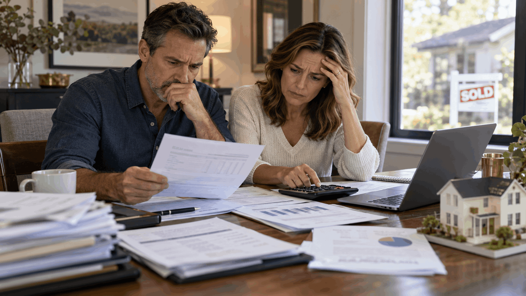 Worried Couple Looking at the taxes owede on the sale of their house