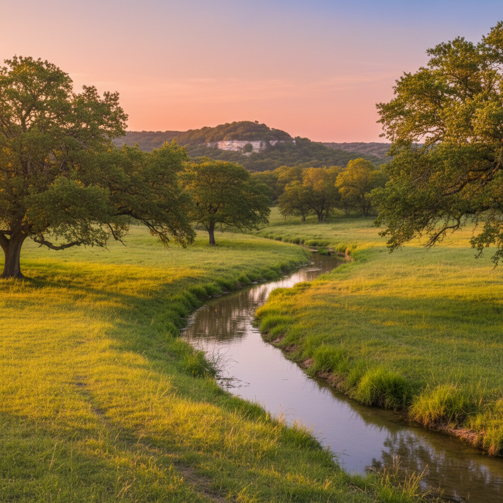A peaceful spring-fed stream flowing through a lush green meadow with large oak trees and distant limestone bluffs in the Texas Hill Country.