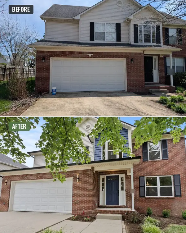 Before and after of a two-story brick home with new paint, shutters, front door, and landscaping