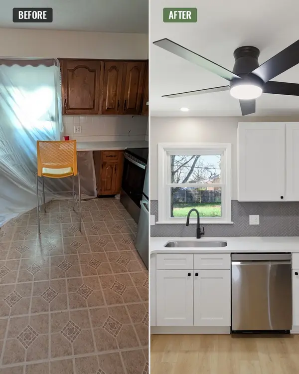 Before and after of a kitchen remodel with new white cabinets, stainless dishwasher, and plank flooring